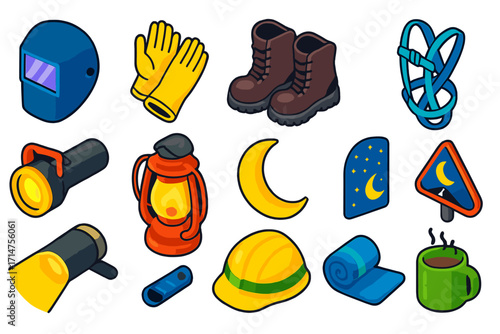 Night Safety Essentials. Isometric vector illustration set of safety gear and nighttime elements: welding mask, protective gloves,