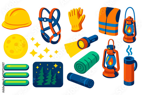 Nighttime Safety Gear. Isometric vector illustration set of safety gear and nighttime elements: safety helmet, harness belt,