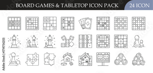 Board games and tabletop icon pack collection - Set of 24 outline icons representing classic board games, tabletop activities, dice, cards, and puzzles, perfect for gaming and entertainment projects.

