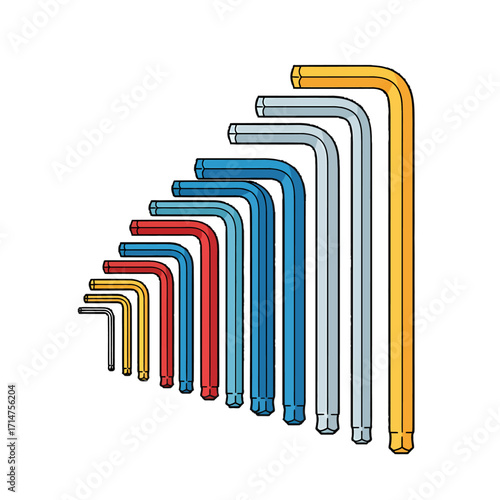 A colorful set of L-shaped ball-end hex Allen keys arranged in ascending order by size on a white background.