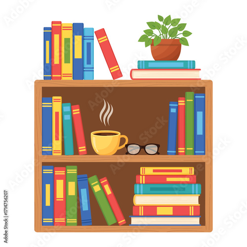 Wooden bookshelf with colorful books a coffee cup glasses and a potted plant vector