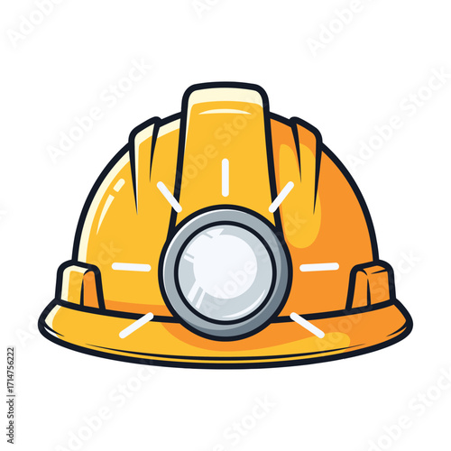 A cartoon illustration of a yellow hard hat with a bright headlamp on the front, typically worn by miners or construction workers for safety and illumination.