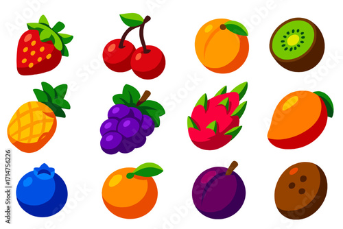 Vibrant Fruit Icons. Isometric vector illustration set of fruits: strawberry, cherry, peach, kiwi, pineapple, grape, dragon fruit,