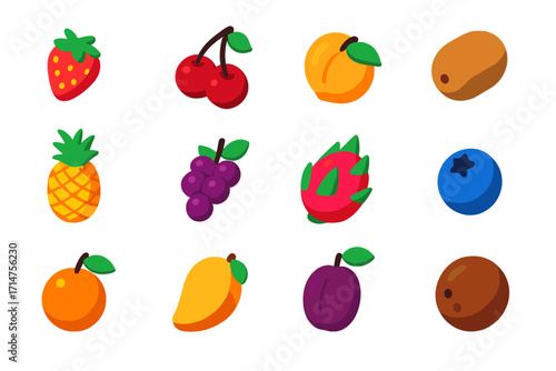 Vibrant Fruit Icons. Isometric vector illustration set of fruits: strawberry, cherry, peach, kiwi, pineapple, grape, dragon fruit,