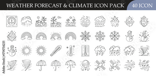 Weather forecast and climate icon pack collection - Set of 40 outline icons showing sun, rain, snow, wind, storms, and seasonal symbols, ideal for weather apps and climate projects.
