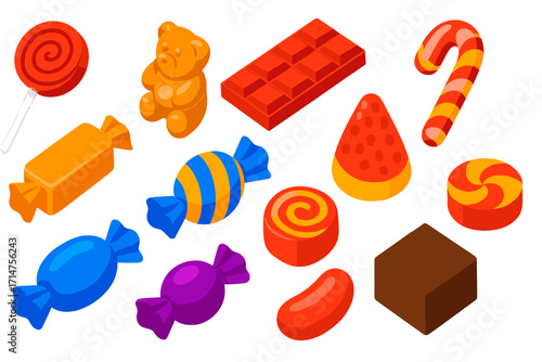 Vibrant Candy Collection. Isometric vector illustration set of candy collection: lollipop, gummy bear, chocolate bar, candy cane,