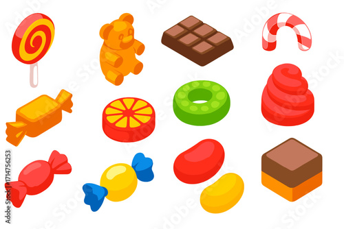 Vibrant Candy Collection. Isometric vector illustration set of candy collection: lollipop, gummy bear, chocolate bar, candy cane,