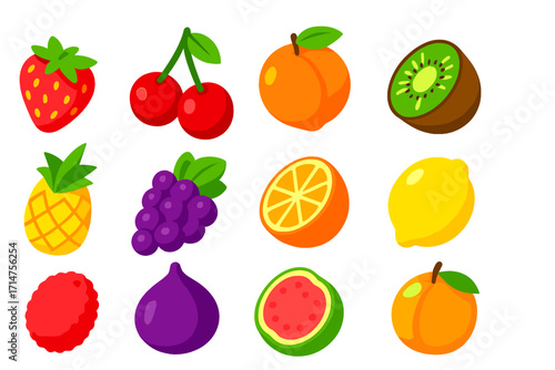 Vibrant Fruit Icons. Isometric vector illustration set of fruits: strawberry, cherry, peach, kiwi, pineapple, grape, orange, lemon
