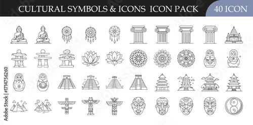 Cultural symbols and traditional icon pack collection - Set of 40 outline icons featuring cultural heritage, traditional monuments, ancient symbols, and spiritual art, perfect for historoy