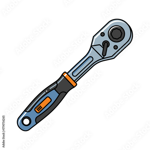 Illustration of a ratcheting wrench with a handle and head.