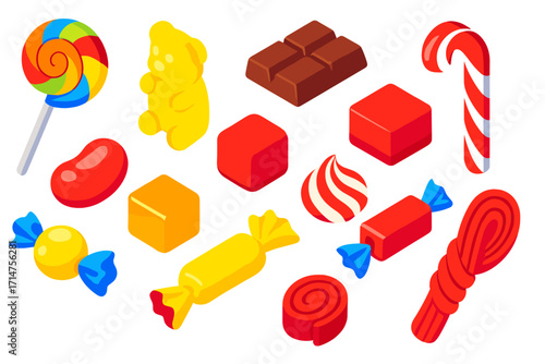 Colorful Candy Icons. Isometric vector illustration set of candy collection: lollipop, gummy bear, chocolate bar, fudge square,
