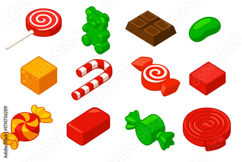 Colorful Candy Icons. Isometric vector illustration set of candy collection: lollipop, gummy bear, chocolate bar, fudge square,