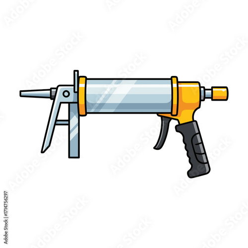 A cartoon illustration of a caulk gun, a tool used for applying sealants and adhesives.