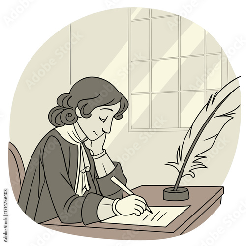 A person in historical clothing sits at a desk writing with a quill pen and inkwell near a window