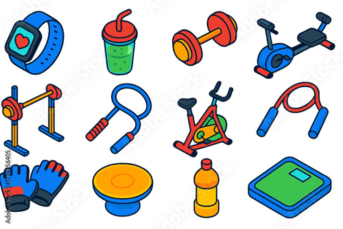Fitness Icon Set. Isometric vector illustration set of modern fitness and health: smart sports watch, smoothie cup, dumbbell,