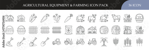 Agricultural equipment and farming icon set - Collection of 36 farming and agriculture icons featuring barns, tractors, crops, animals, tools, and harvest symbols for rural and farm themes.
