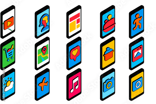 Colorful Mobile App Icons. Isometric vector illustration set of mobile applications: movie streaming app, language tutor app, news