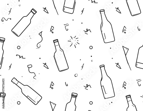 Abstract pattern of beer bottles and confetti