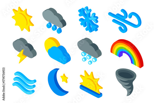 Colorful Weather Icons. Isometric vector illustration set of weather icons: sunny day, rain cloud, ice snowflake, windy day,