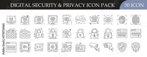 Digital security and privacy icon set - Collection of 30 digital security and privacy icons featuring locks, shields, firewalls, surveillance, and authentication for cybersecurity and data protection.