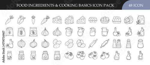 Food Ingredients & Cooking Basics Outline Icon Pack - Set of 45 outline icons showcasing essential food ingredients and cooking basics, including vegetables, fruits, eggs, dairy products, grains