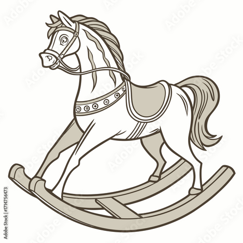 Classic rocking horse toy with saddle and bridle in a simple line art style
