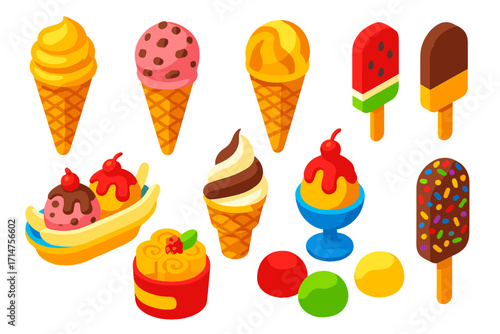 Vibrant Ice Cream Delights. Isometric vector illustration set of ice cream: waffle cone with honey swirl scoop, waffle cone with