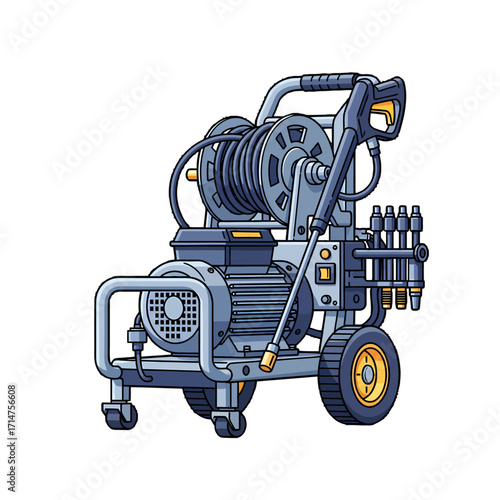 A detailed illustration of a portable pressure washer with a hose reel, spray gun, and wheels, on a white background.