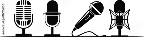 Collection of microphone vector illustrations, retro microphone, studio microphone, handheld mic design, podcast, radio, music, voice recording equipment for audio production