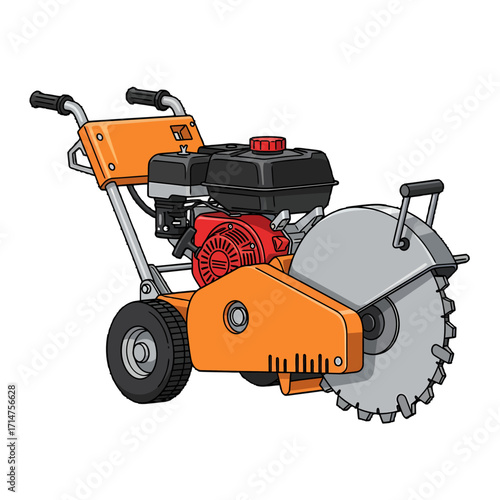 An illustration of an orange walk-behind concrete saw with a large circular blade, isolated on a white background.