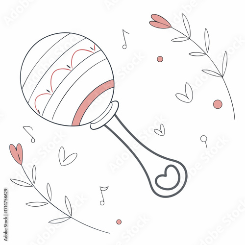 Cute hand drawn baby rattle with hearts and musical notes on a white background