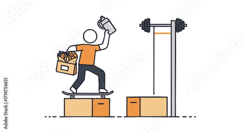 Fitness Lifestyle Man on Skateboard with Groceries and Protein Shake near Barbell