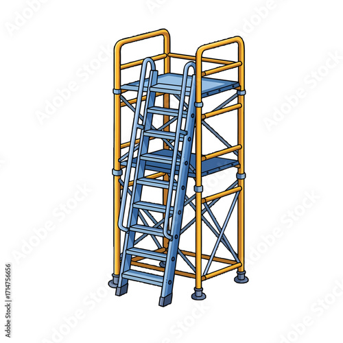 A tall, narrow, blue and yellow metal scaffolding tower with a ladder attached, designed for construction or maintenance work at height.