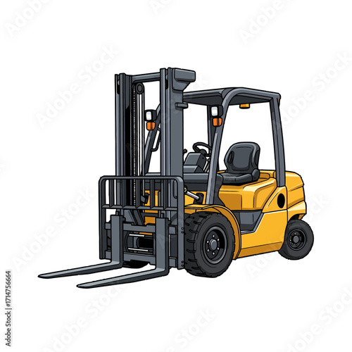 A detailed illustration of a yellow forklift with black forks and mast, used for industrial material handling and logistics.