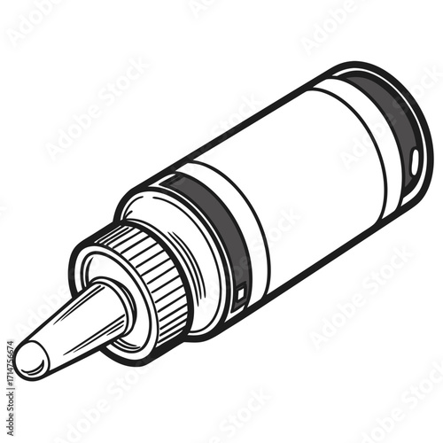 Detailed black and white line art illustration of a precision applicator bottle with a narrow nozzle and textured grip