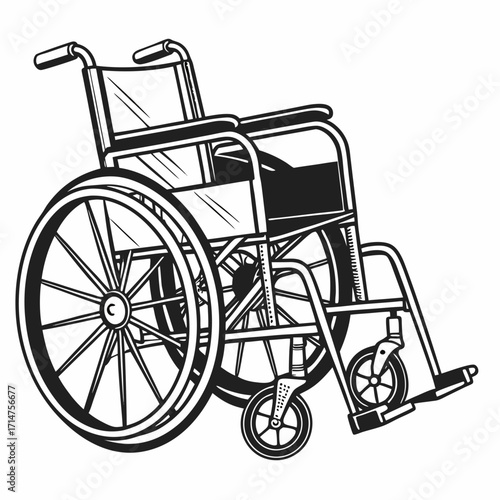 Detailed black and white illustration of a standard manual wheelchair with large rear wheels and small front casters