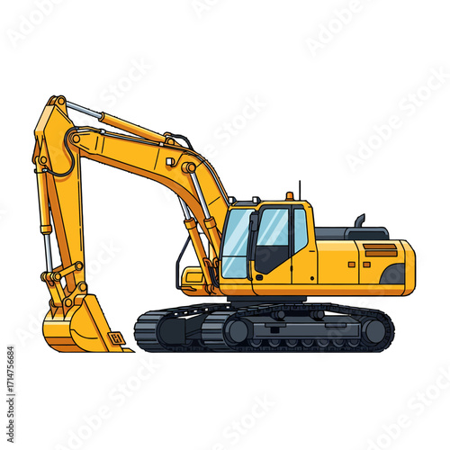 Illustration of a yellow excavator with a bucket and tracks.