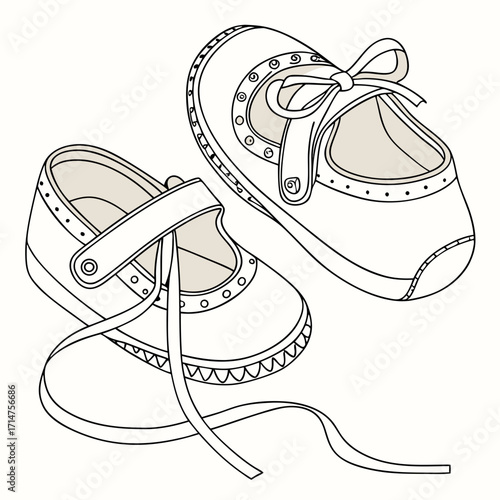 Delicate line art illustration of two adorable baby mary jane shoes with ribbons and bows