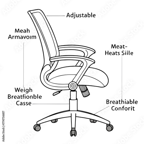Detailed line drawing of an ergonomic office chair highlighting adjustable features and breathable comfort
