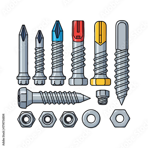 A collection of various screws, bolts, nuts, and washers, illustrating different types of fasteners and hardware.