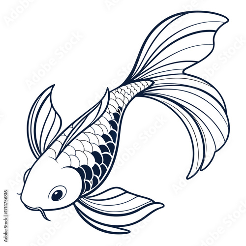 Elegant outline drawing of a single koi fish with flowing fins and tail on a white background