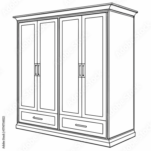 Elegant four door wardrobe with two drawers and classic decorative handles in a clean line drawing
