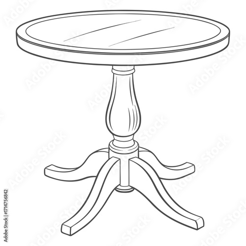 Elegant outline drawing of a round pedestal table with a classic carved base and a smooth tabletop
