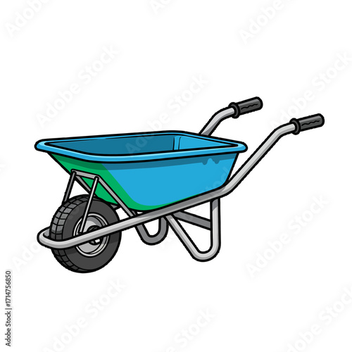 A teal and gray wheelbarrow, with handles and a single wheel, is depicted.