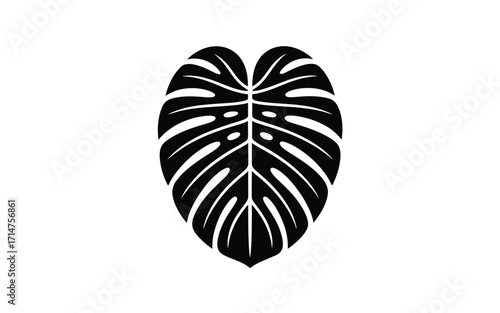 Stylized black and white silhouette of a monstera deliciosa leaf