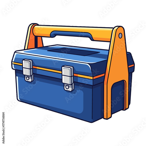A blue plastic toolbox with an orange handle and two silver latches, depicted in a clean cartoon vector style.