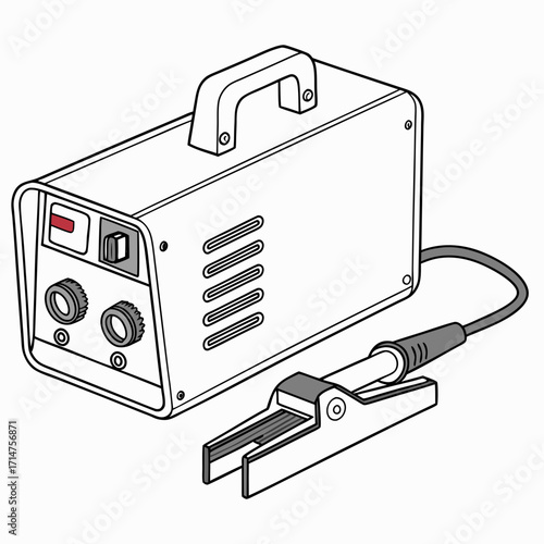 Illustration of a portable spot welding machine with a clamp and control knobs on a white background