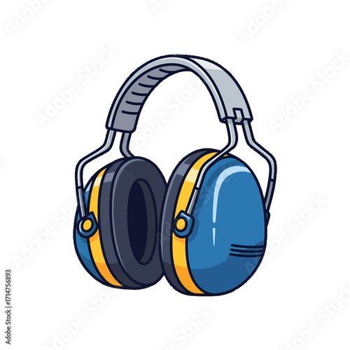 Pair of safety earmuffs, blue and gray, with yellow accents.