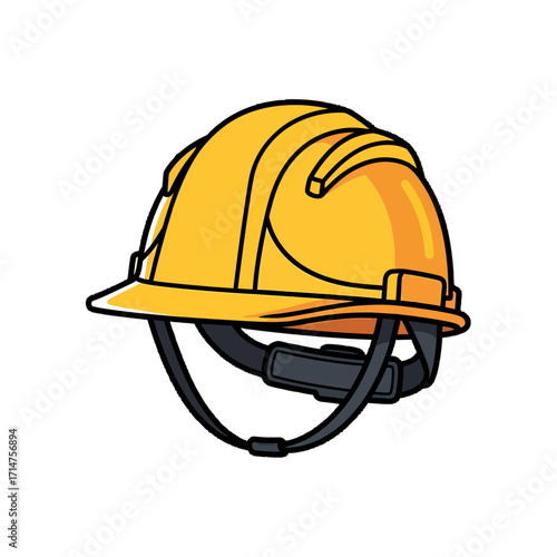 Cartoon illustration of a yellow construction hard hat with black straps.