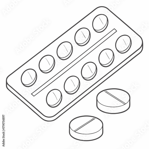 Isometric line art illustration of a blister pack of round pills with two loose tablets nearby
